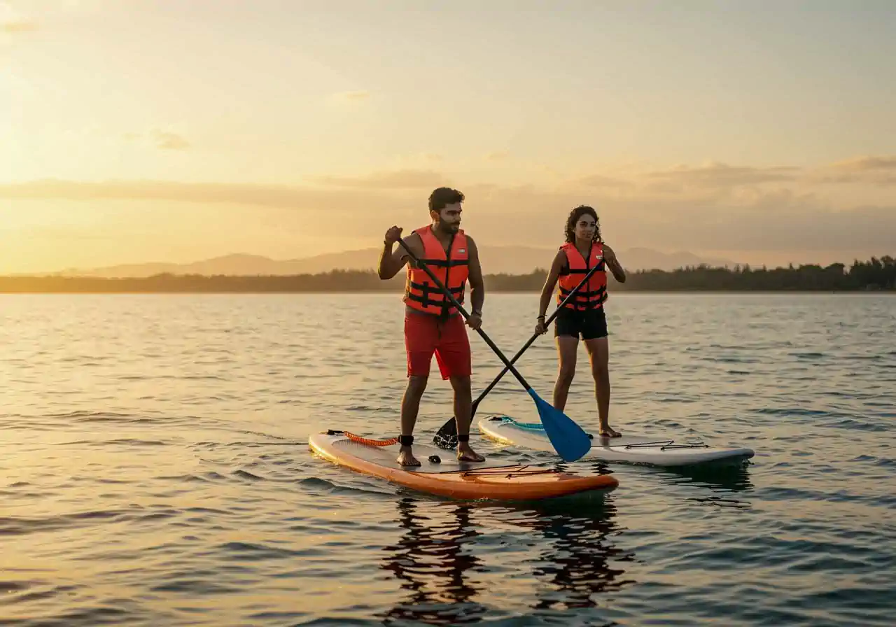 Beginner stand-up paddleboarding on calm water